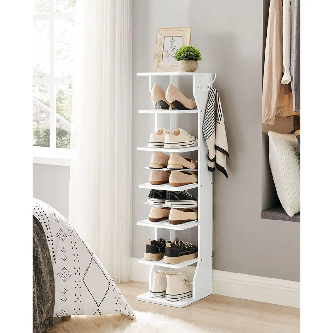 7 Tier Slim Shoe Rack With Hooks, Narrow Shoe Storage Organizer