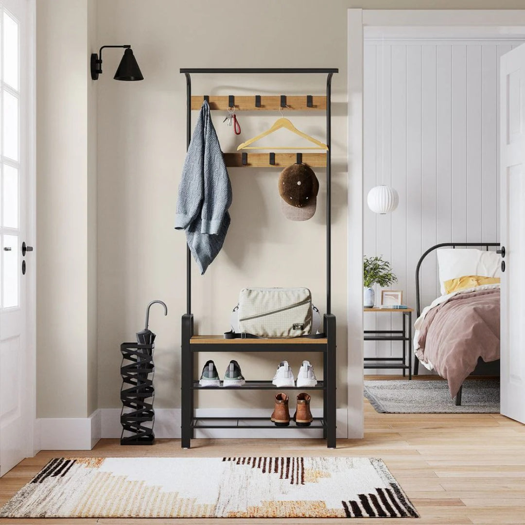 Industrial Coat Rack With Bench, Shoe Rack & 9 Hooks Hall Tree