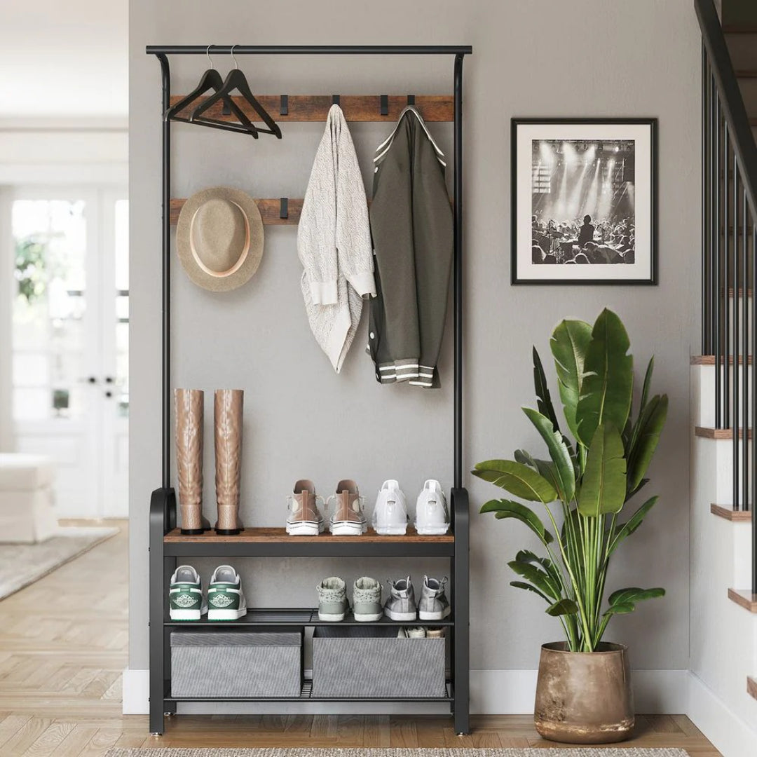 Industrial Coat Rack With Bench, Shoe Rack & 9 Hooks Hall Tree