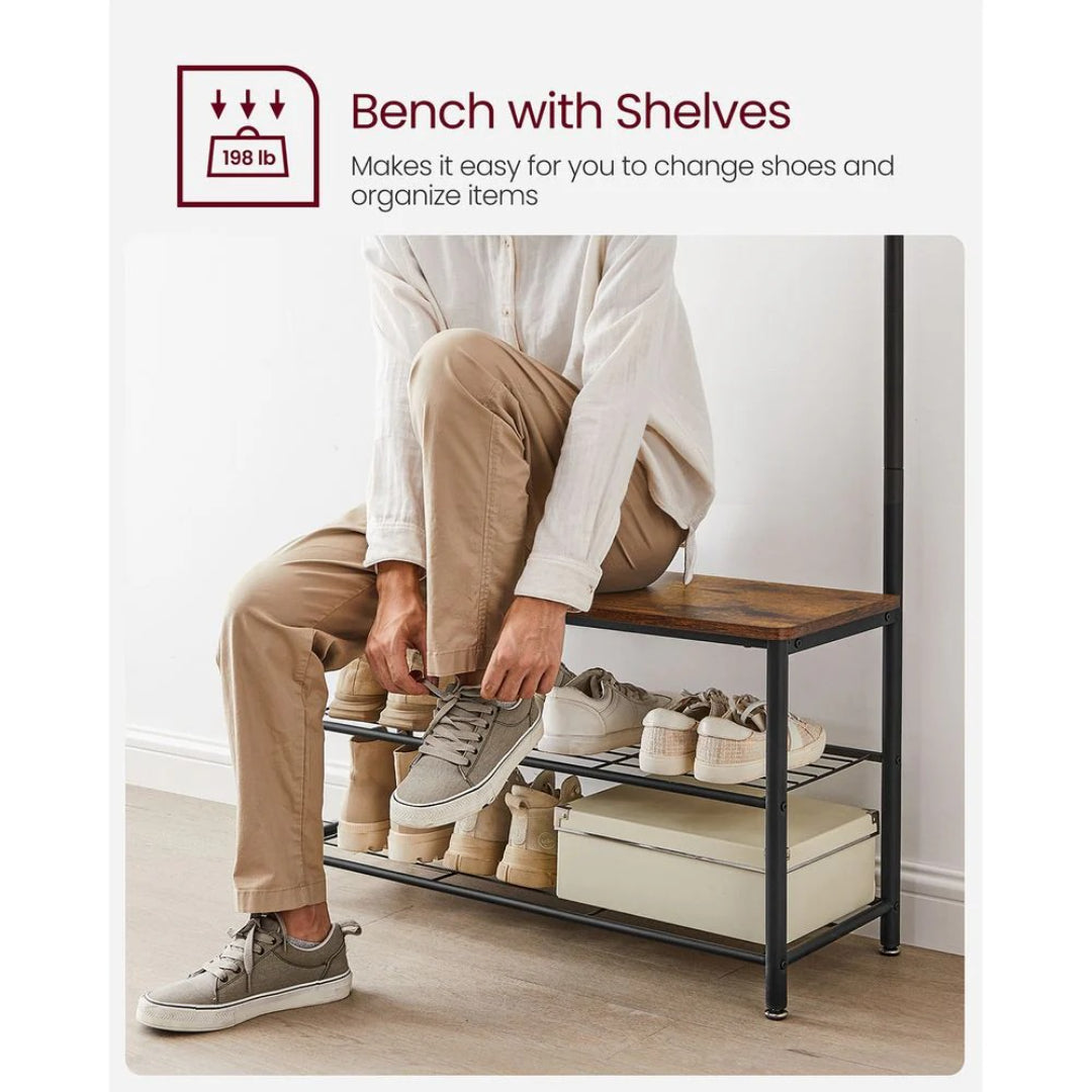 Hall Tree With Shoe Storage Bench & 9 Hooks Entryway Coat Rack