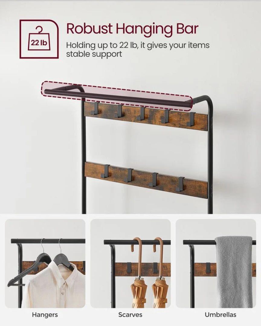 Industrial Coat Rack With Bench, Shoe Rack & 9 Hooks Hall Tree