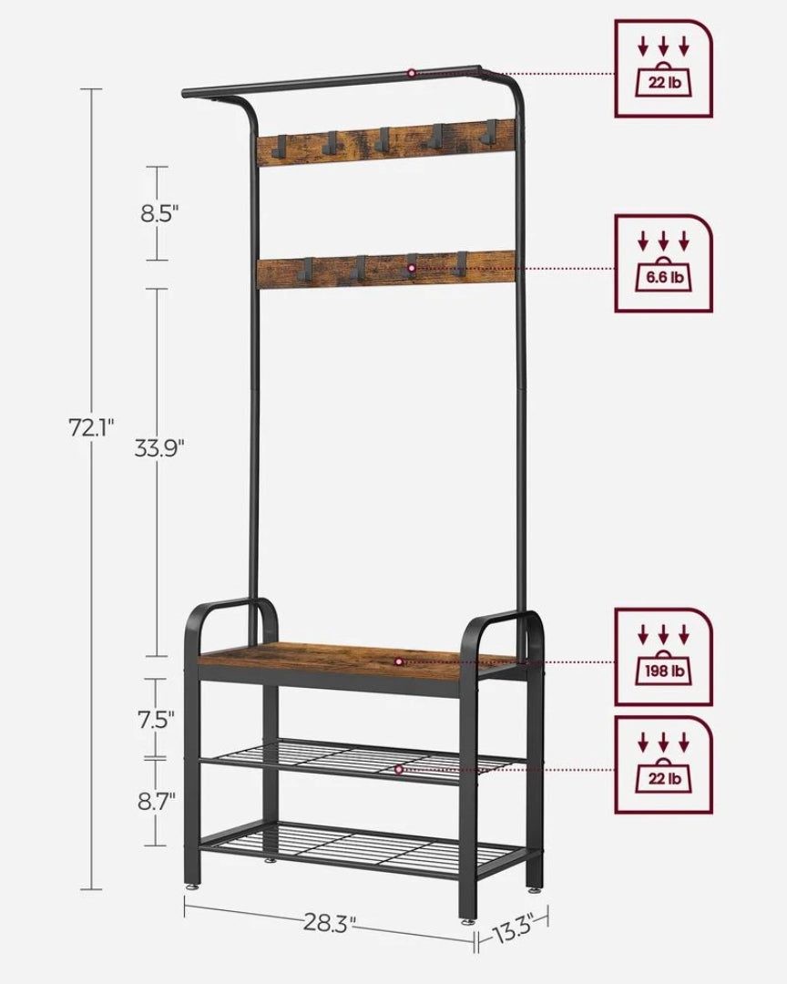 Industrial Coat Rack With Bench, Shoe Rack & 9 Hooks Hall Tree