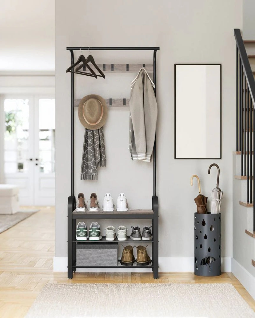 Industrial Coat Rack With Bench, Shoe Rack & 9 Hooks Hall Tree