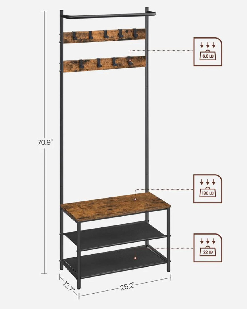 Hall Tree With Bench, Shoe Storage & 9 Hooks Entryway Coat Rack