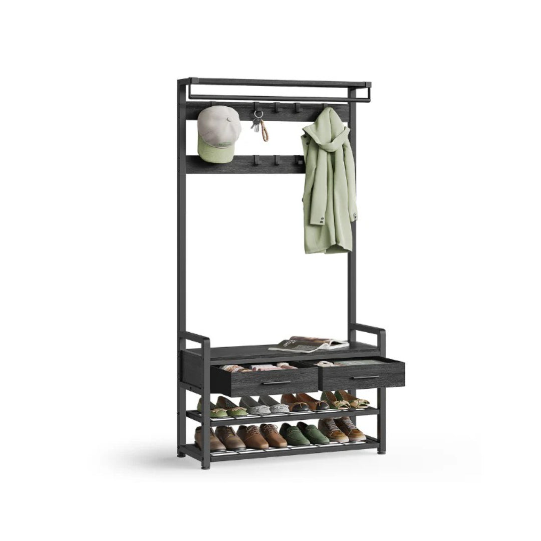 Hall Tree With Bench, Drawers, Hooks & Shoe Storage Entryway Unit