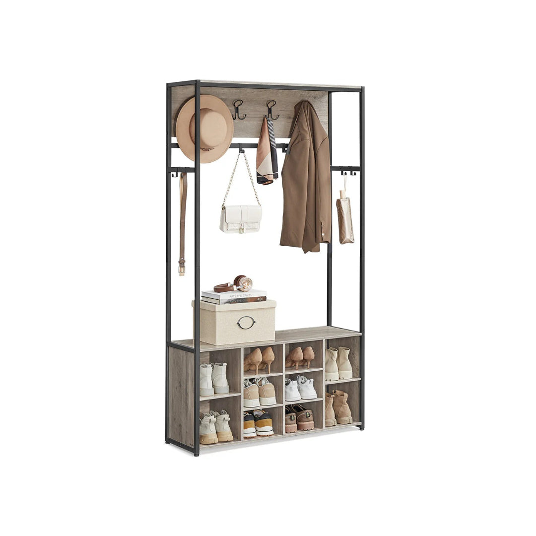 Hall Tree With Bench, Shoe Storage & 14 Hooks Entryway Rack