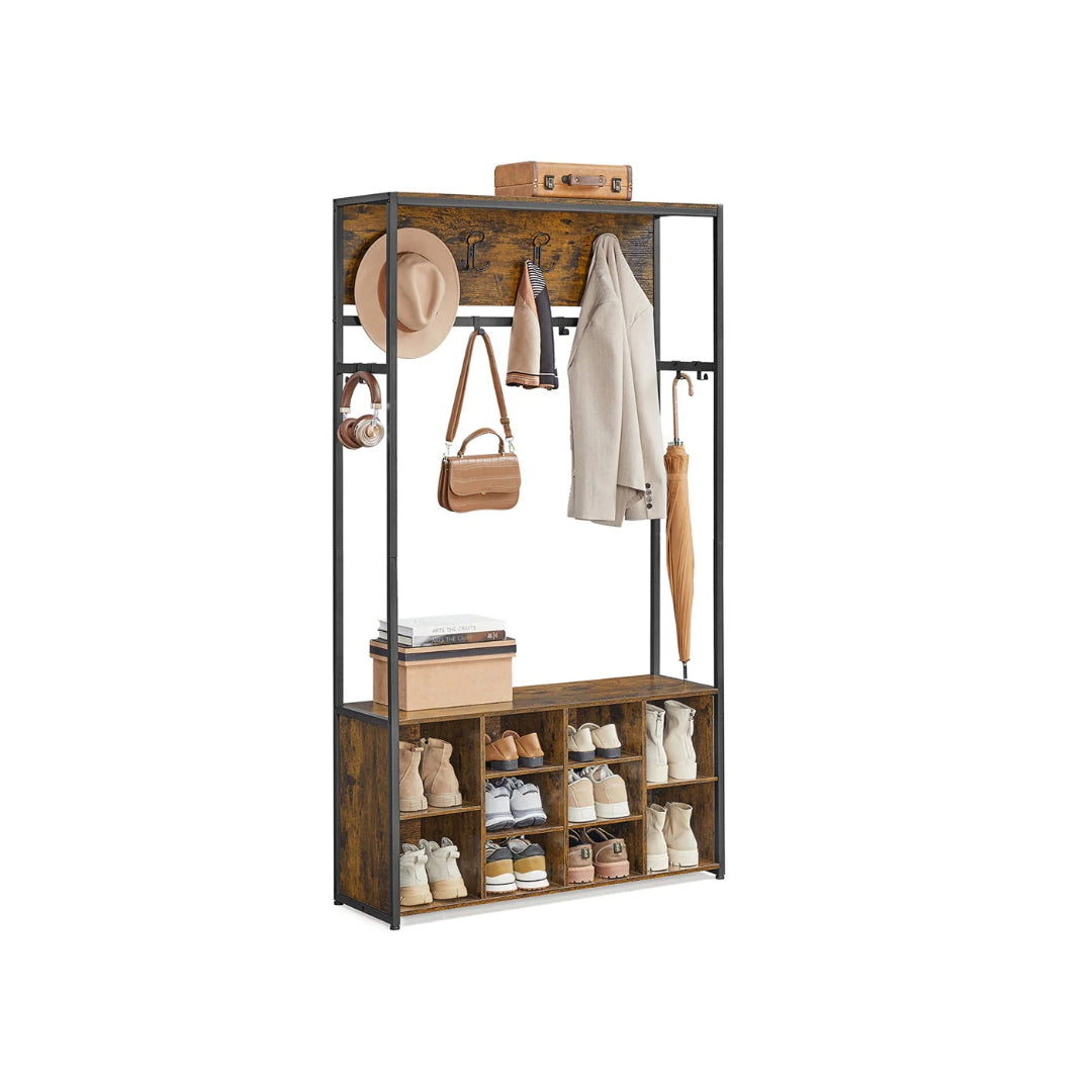 Hall Tree With Bench, Shoe Storage & 14 Hooks Entryway Rack