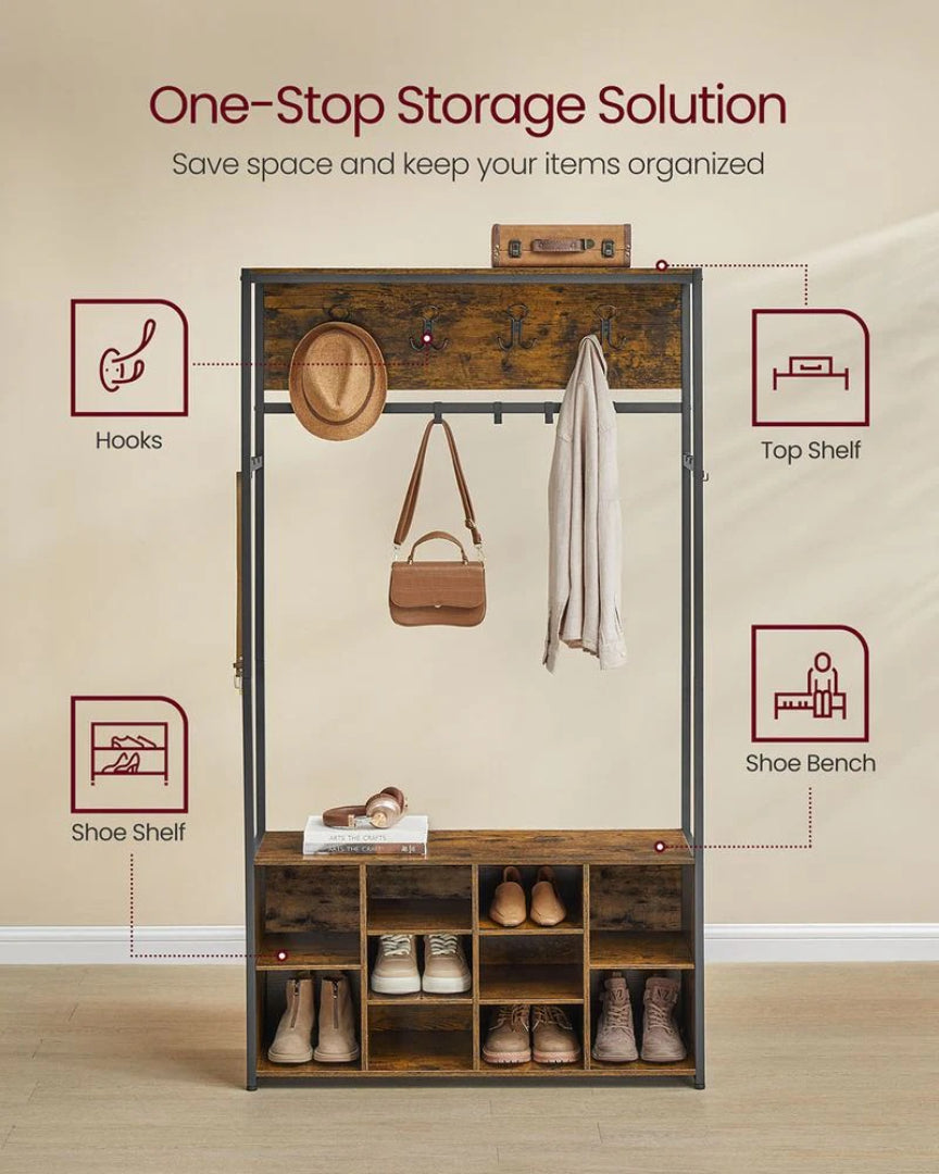 Hall Tree With Bench, Shoe Storage & 14 Hooks Entryway Rack