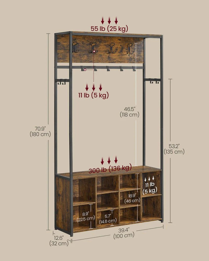 Hall Tree With Bench, Shoe Storage & 14 Hooks Entryway Rack