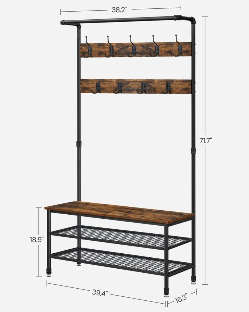 Coat Rack With Bench, Shoe Storage & Hanging Rail Hall Tree