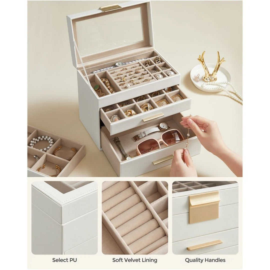 Large Jewelry Box With Glass Lid 4 Or 6 Layer Organizer