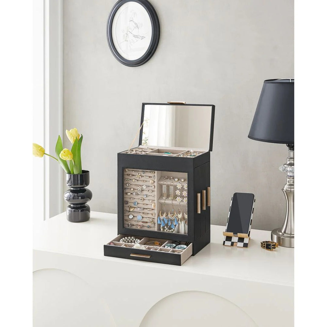 Jewelry Organizer Box With Mirror 5 Layer And Side Drawers