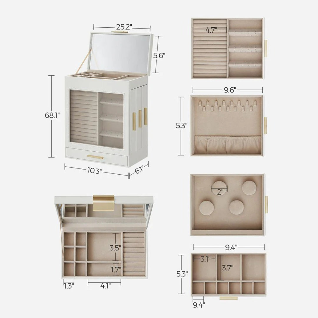 Jewelry Organizer Box With Mirror 5 Layer And Side Drawers