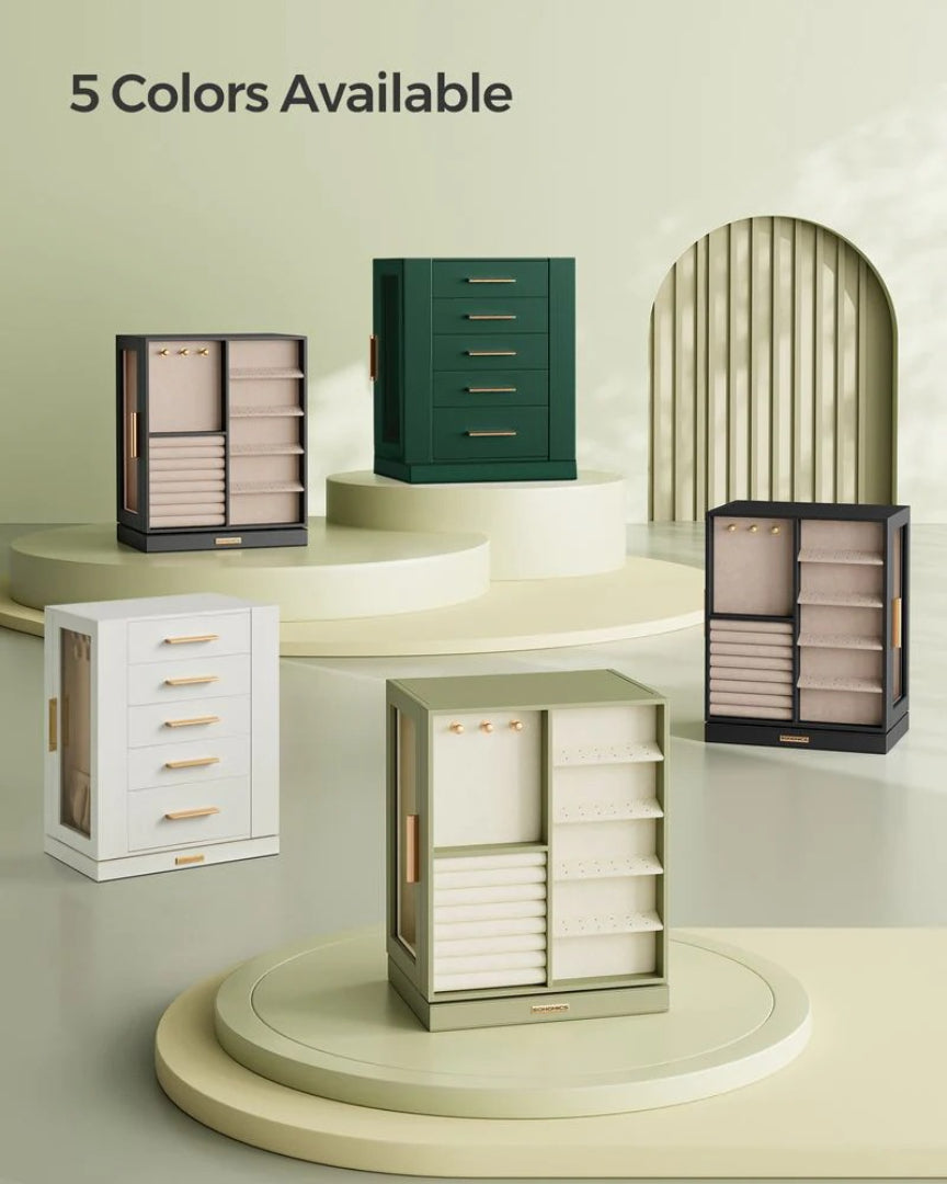 Rotating Jewelry Box Organizer With 5 Drawers And Hooks
