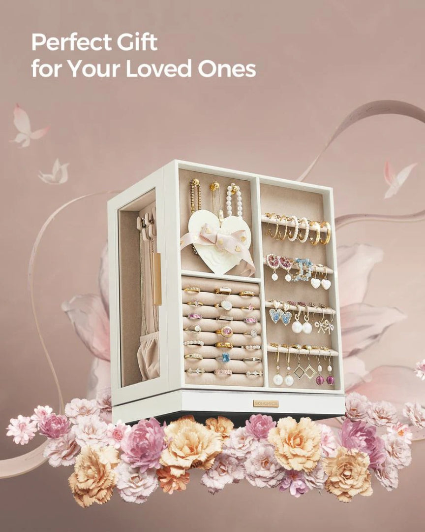 Rotating Jewelry Box Organizer With 5 Drawers And Hooks