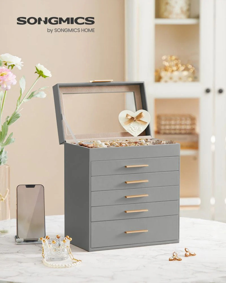 Large Jewelry Box With Glass Lid 4 Or 6 Layer Organizer