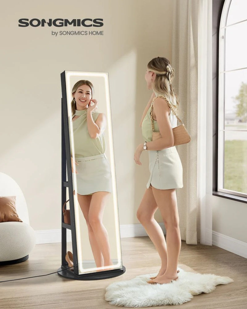 Standing Mirror Jewelry Cabinet With LED Lights And Storage