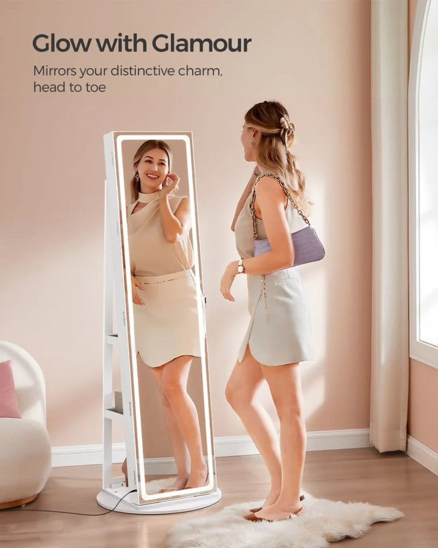 Standing Mirror Jewelry Cabinet With LED Lights And Storage