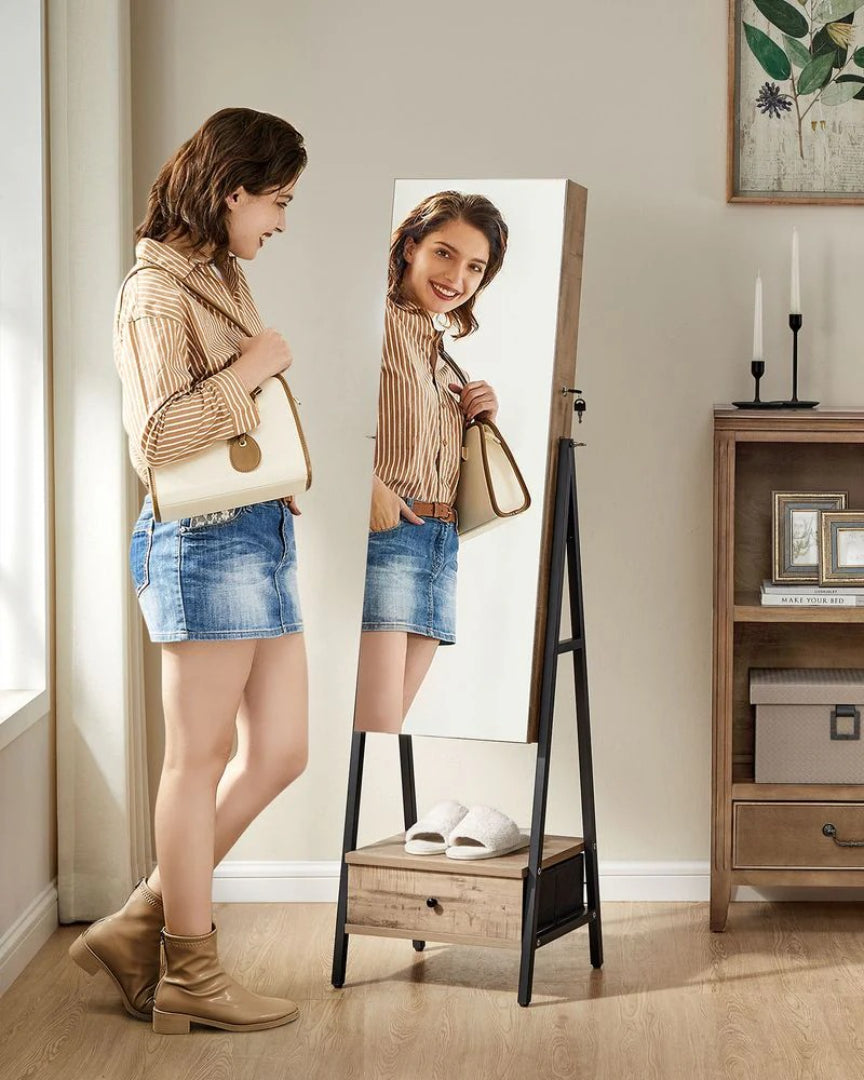 Lockable Jewelry Armoire With Full Length Mirror And Storage