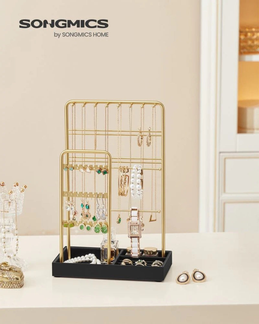 Jewelry Holder Stand With Metal Frame And Velvet Tray