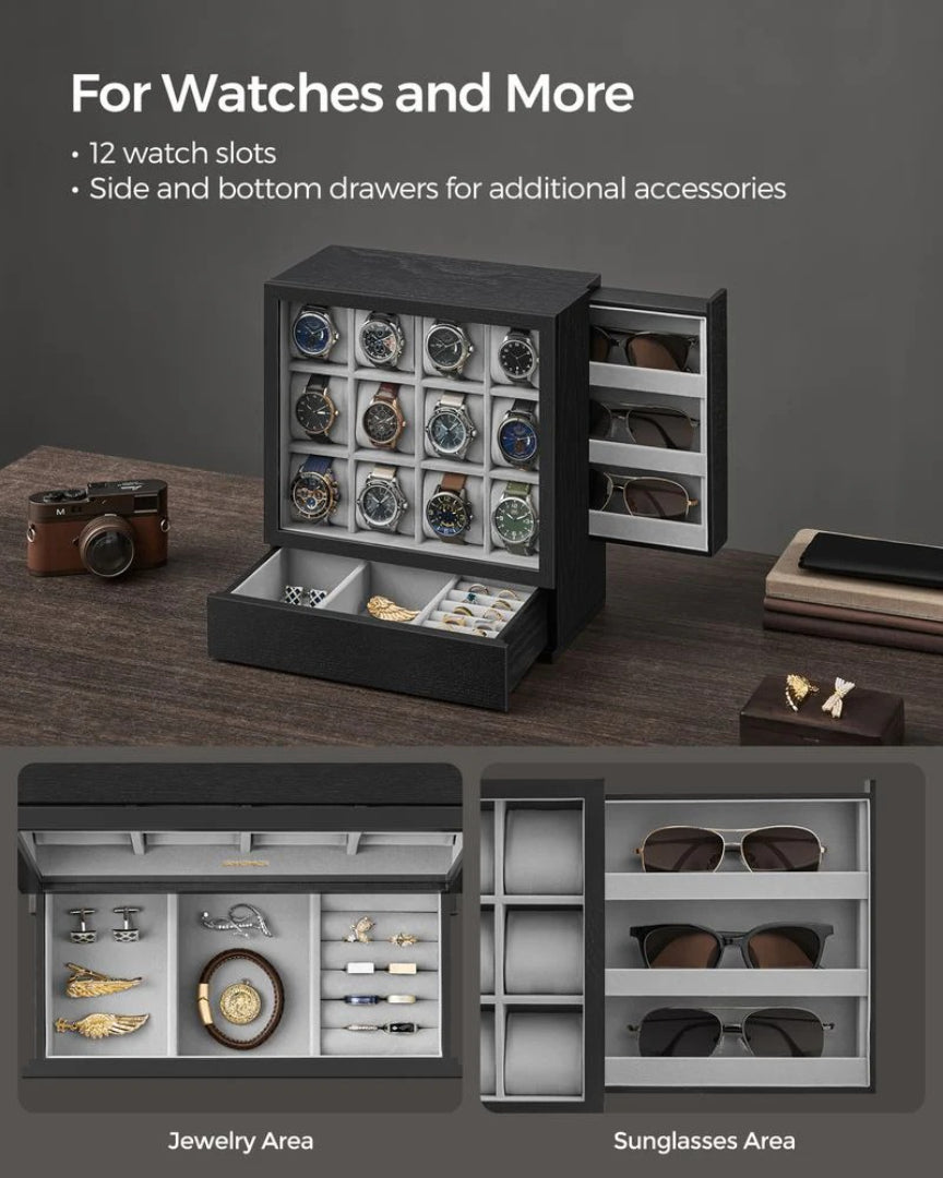 Wooden Watch Box 12 Slot Organizer With Glass Window