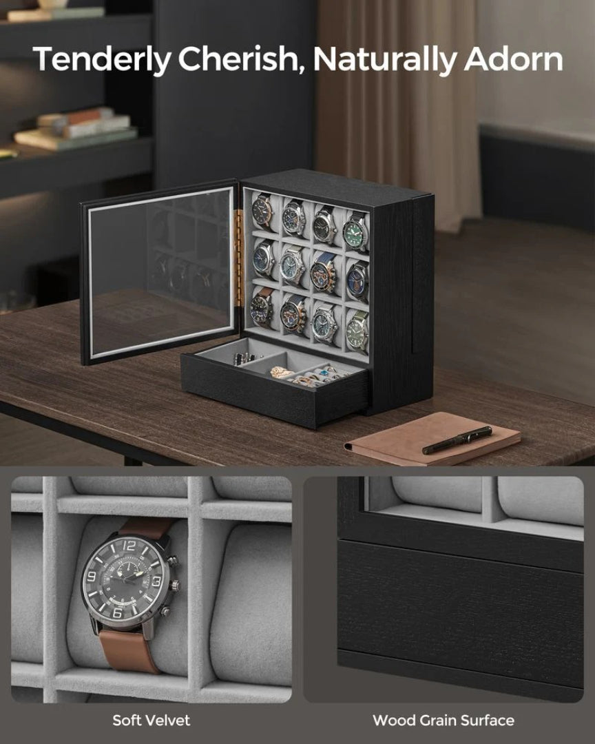 Wooden Watch Box 12 Slot Organizer With Glass Window