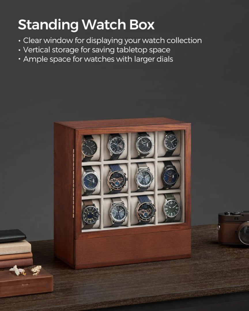 Wooden Watch Box 12 Slot Organizer With Glass Window