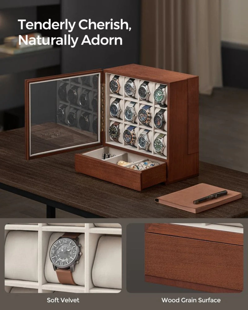 Wooden Watch Box 12 Slot Organizer With Glass Window