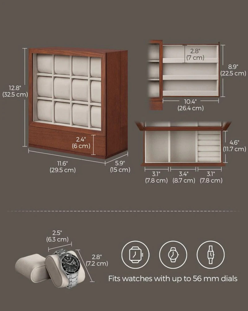 Wooden Watch Box 12 Slot Organizer With Glass Window