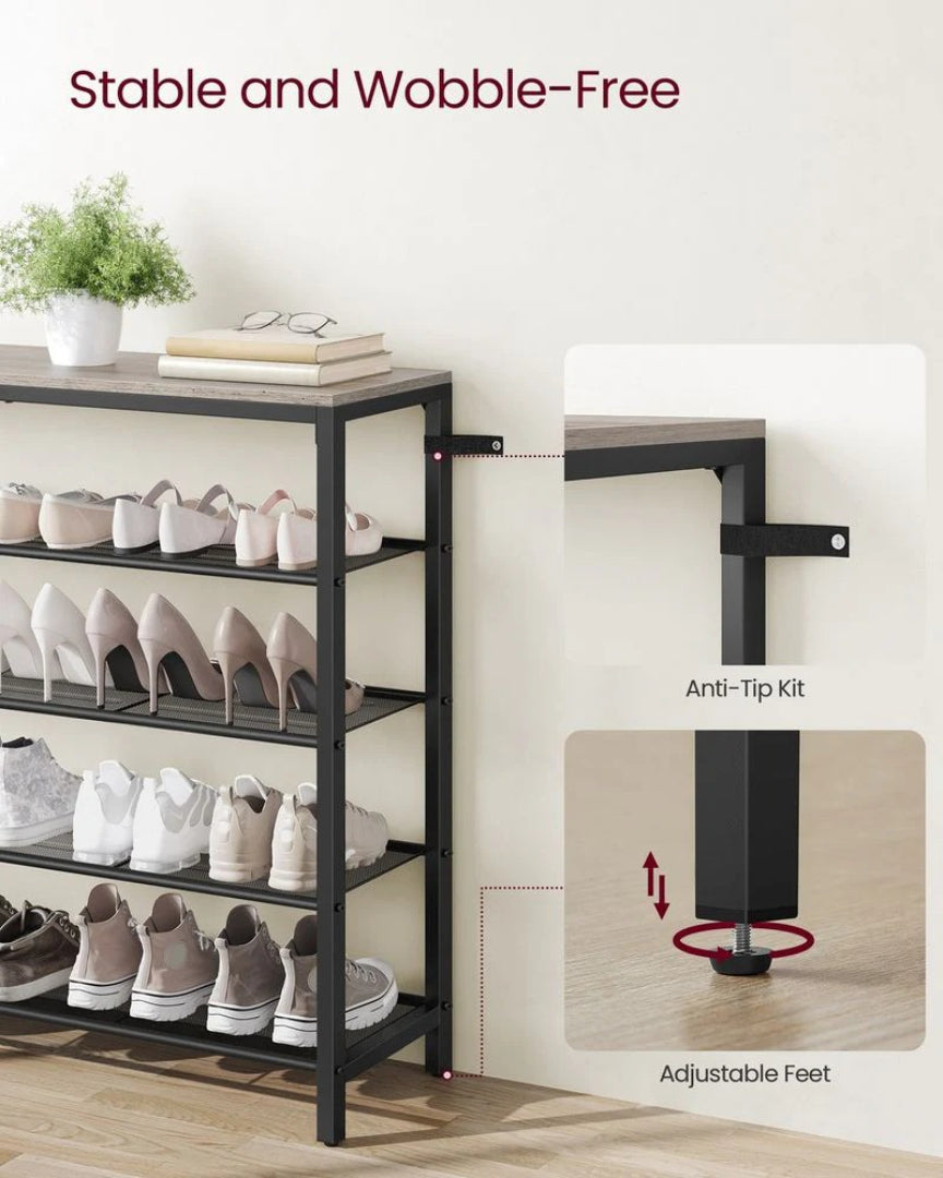 5 Tier Shoe Rack With Mesh Shelves & Storage Top Organizer