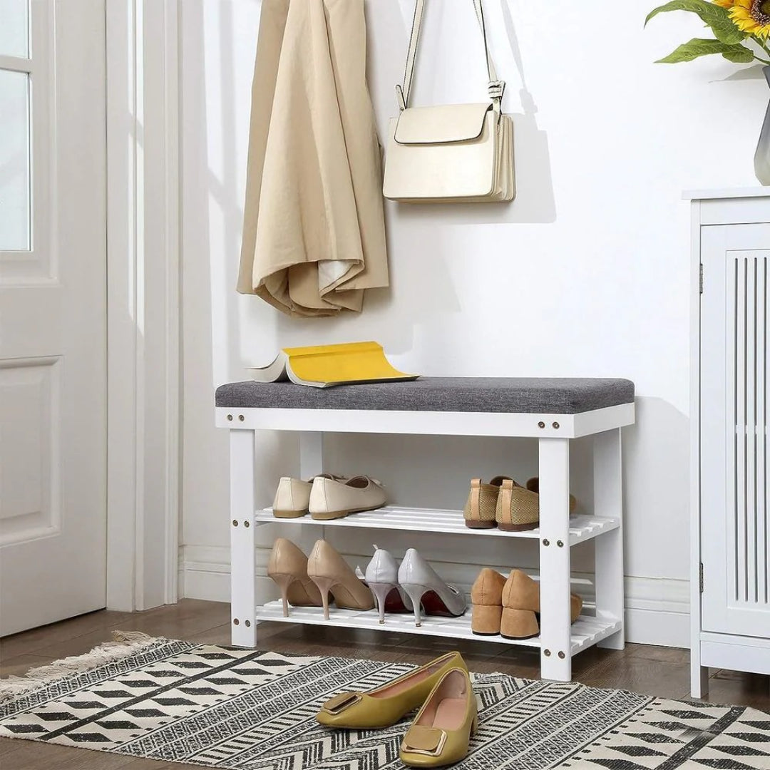 Shoe Organizer Bench With Cushion & 2 Shelves, 28 Inch Unit
