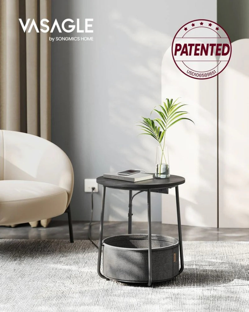 Round Side Table with Charging Station and Fabric Basket Storage