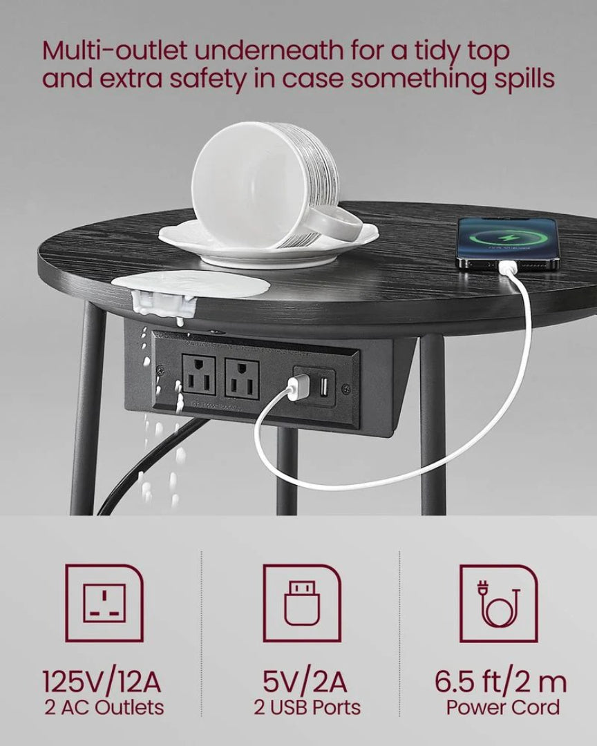 Round Side Table with Charging Station and Fabric Basket Storage