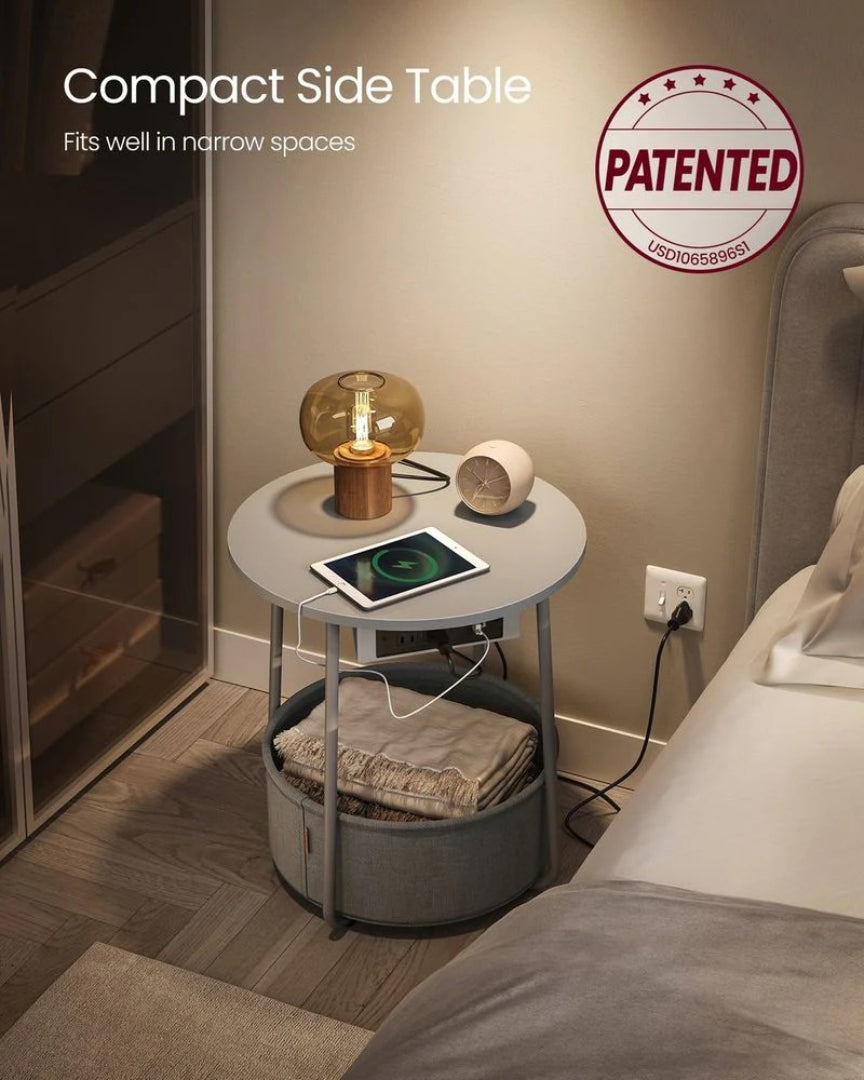 Round Side Table with Charging Station and Fabric Basket Storage