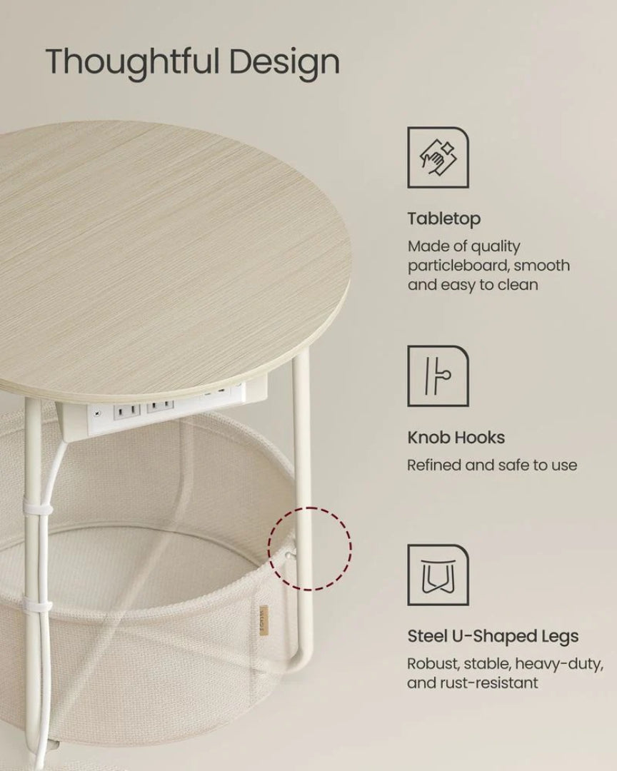 Round Side Table with Charging Station and Fabric Basket Storage