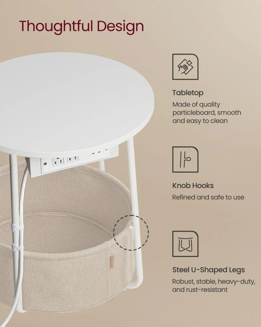 Round Side Table with Charging Station and Fabric Basket Storage