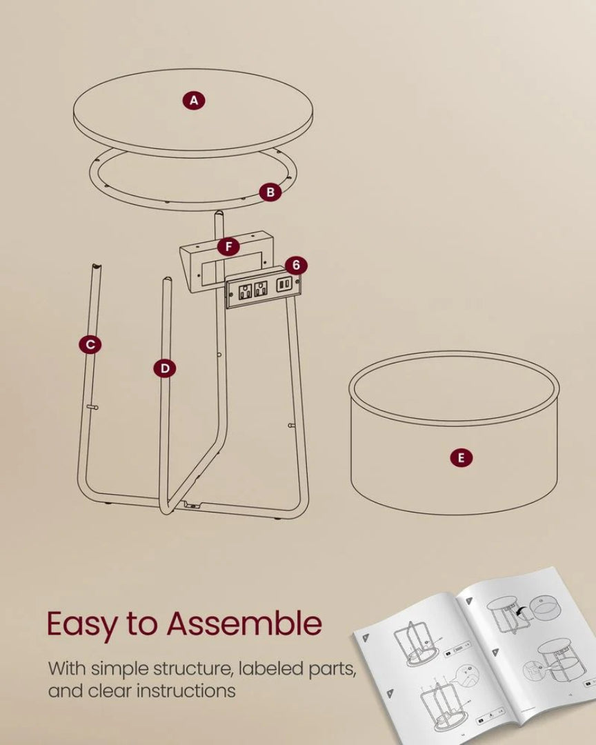 Round Side Table with Charging Station and Fabric Basket Storage