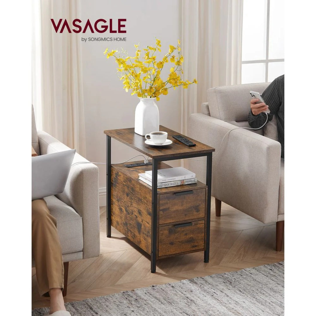 Narrow End Table With Charging Station And 2 Drawers