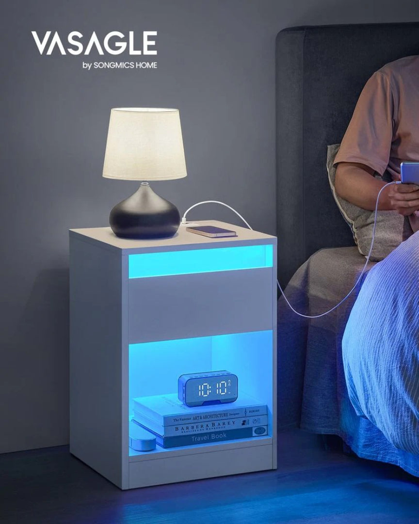 Nightstand With Charging Station And LED Lights Drawer