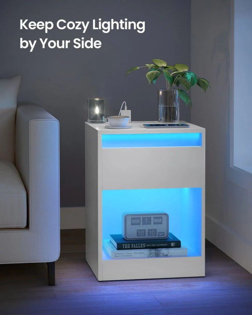 Nightstand With Charging Station And LED Lights Drawer