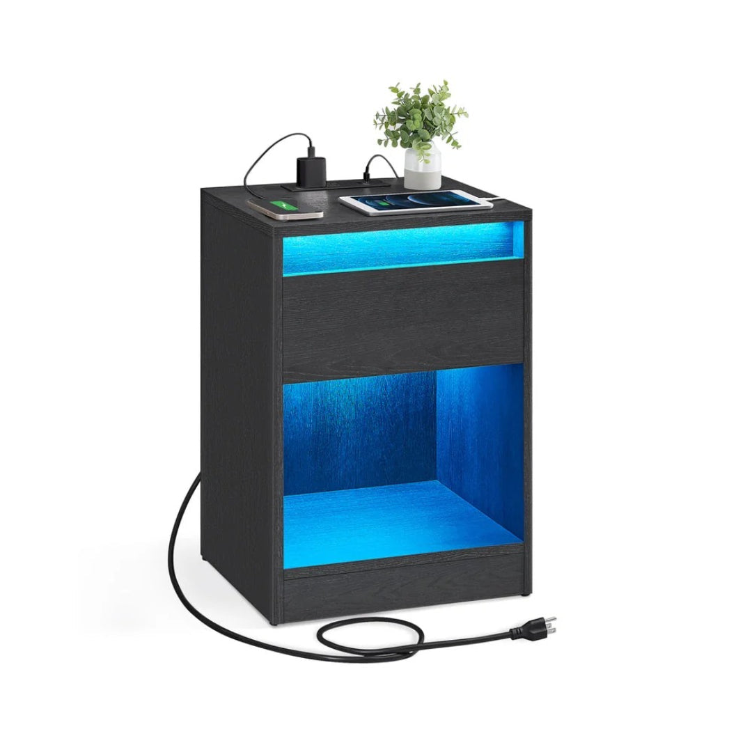 Nightstand With Charging Station And LED Lights Drawer