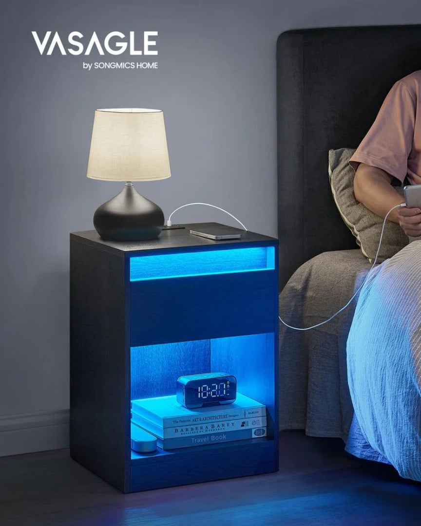 Nightstand With Charging Station And LED Lights Drawer