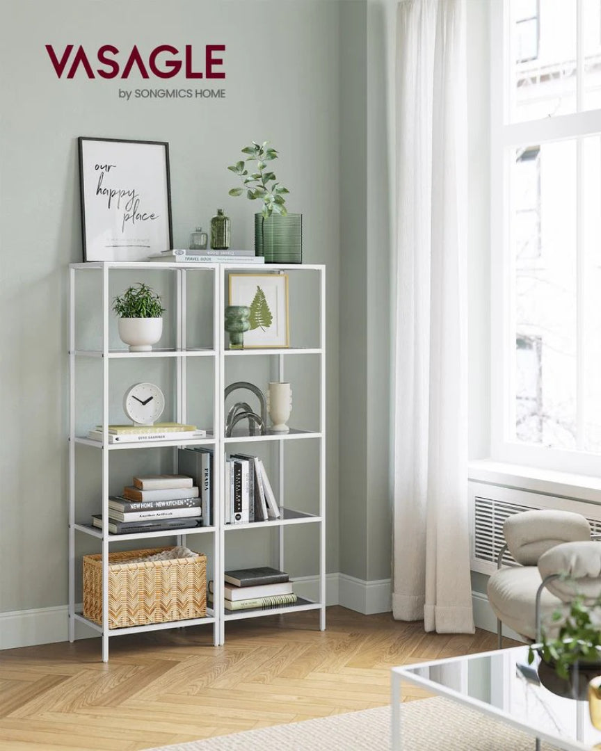 Tempered Glass Bookcase 4 Or 5 Tier Slim Shelving Unit