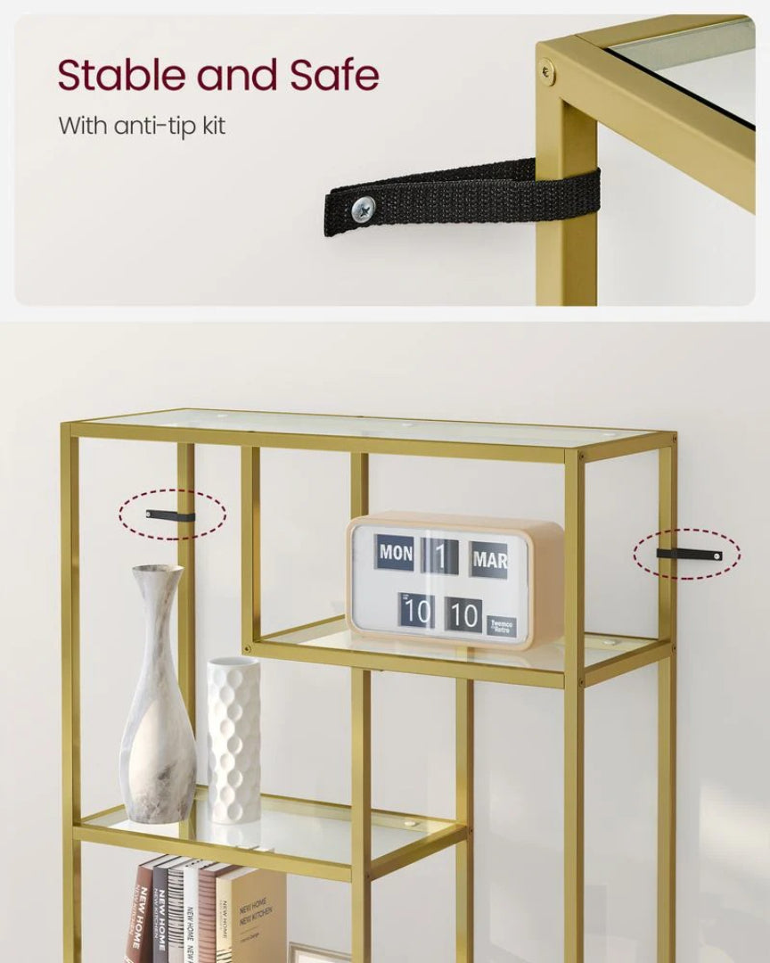 6 Tier Bookshelf With Glass Shelves, 70.9 Inch Tall Storage Unit
