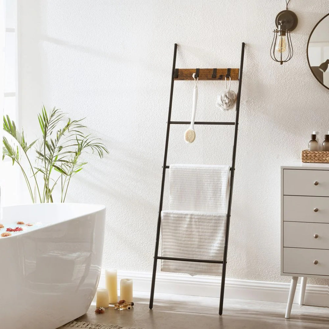 Blanket Ladder Shelf 5-Tier Towel Rack With Hooks