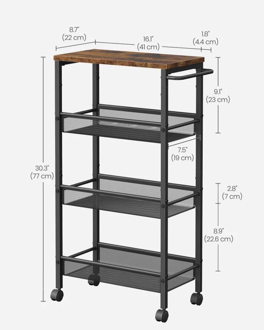 4 Tier Slim Rolling Storage Cart Narrow Utility Shelf