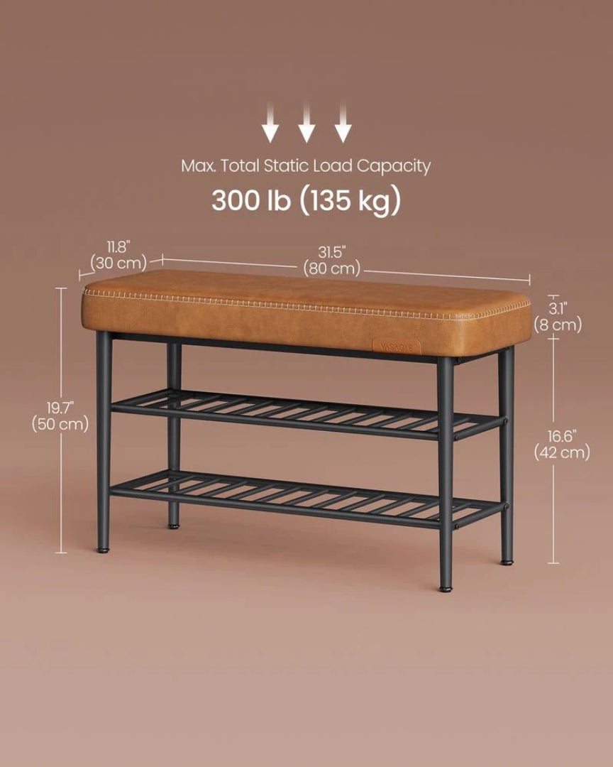 Shoe Bench With Cushion & Metal Shelves, 31.5/39.4 Inch Storage Bench