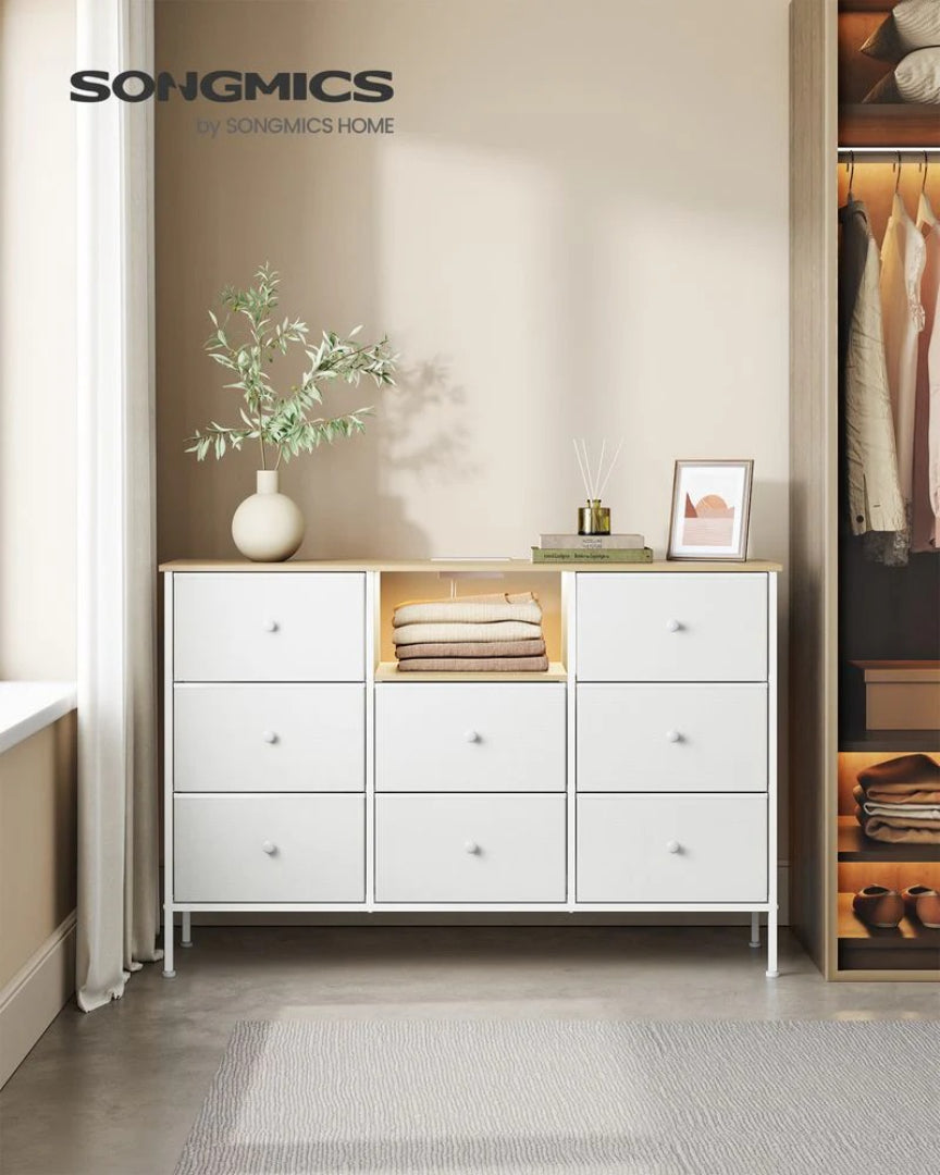 Fabric Dresser With LED Lights And Power Outlets 8 Drawer