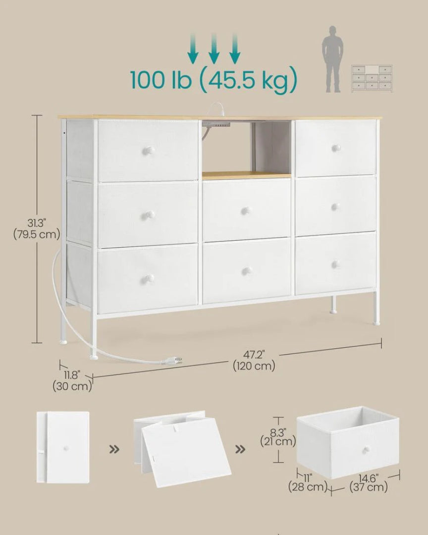 Fabric Dresser With LED Lights And Power Outlets 8 Drawer