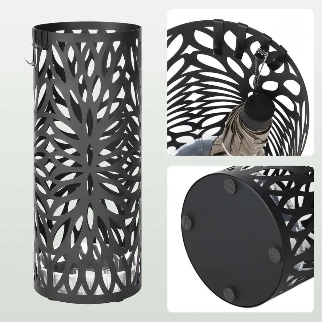 Steel Umbrella Stand With Drip Tray & Hooks For Canes Storage